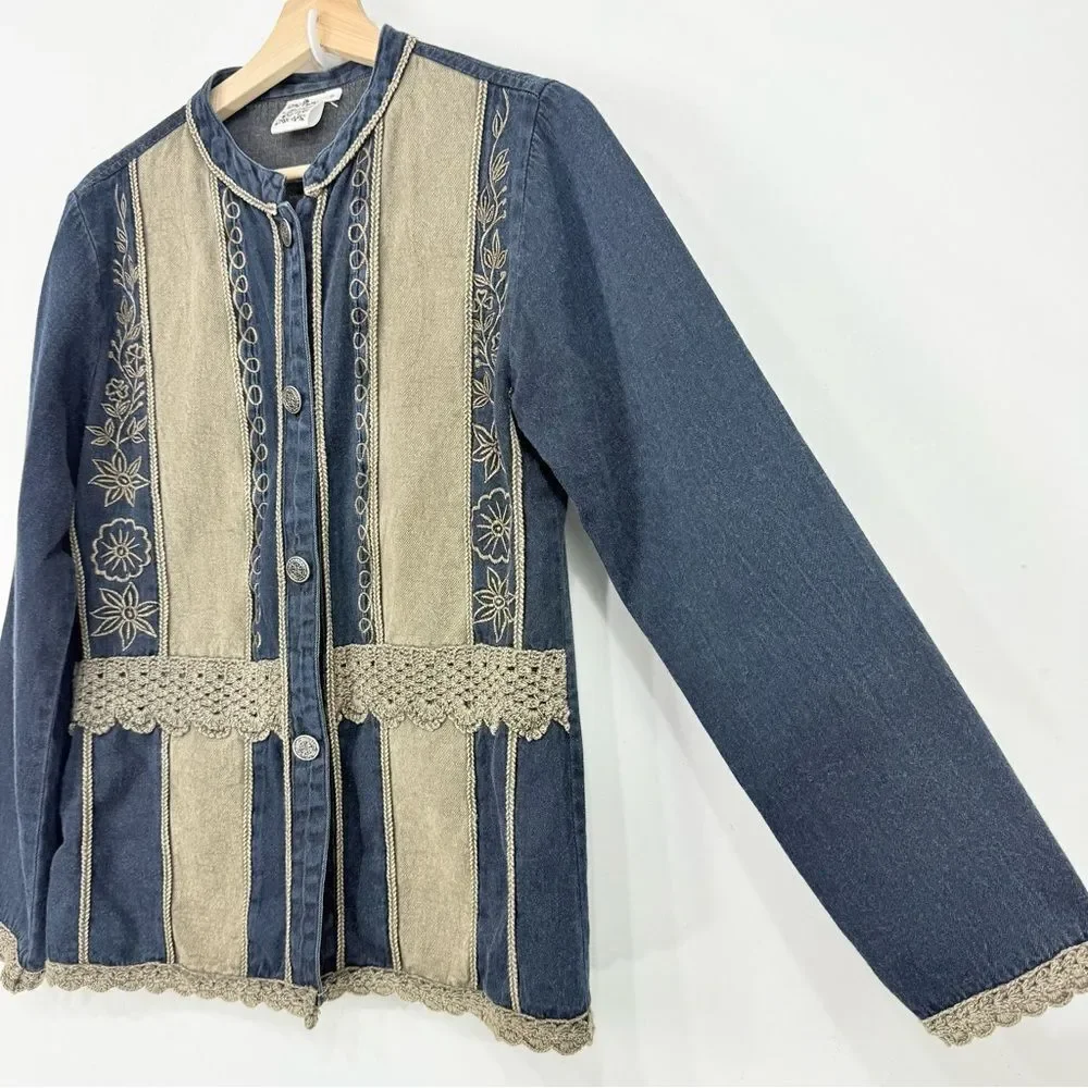 Parsley & Sage Blue Tan Cotton Denim Embroidered Lightweight Boho Jacket